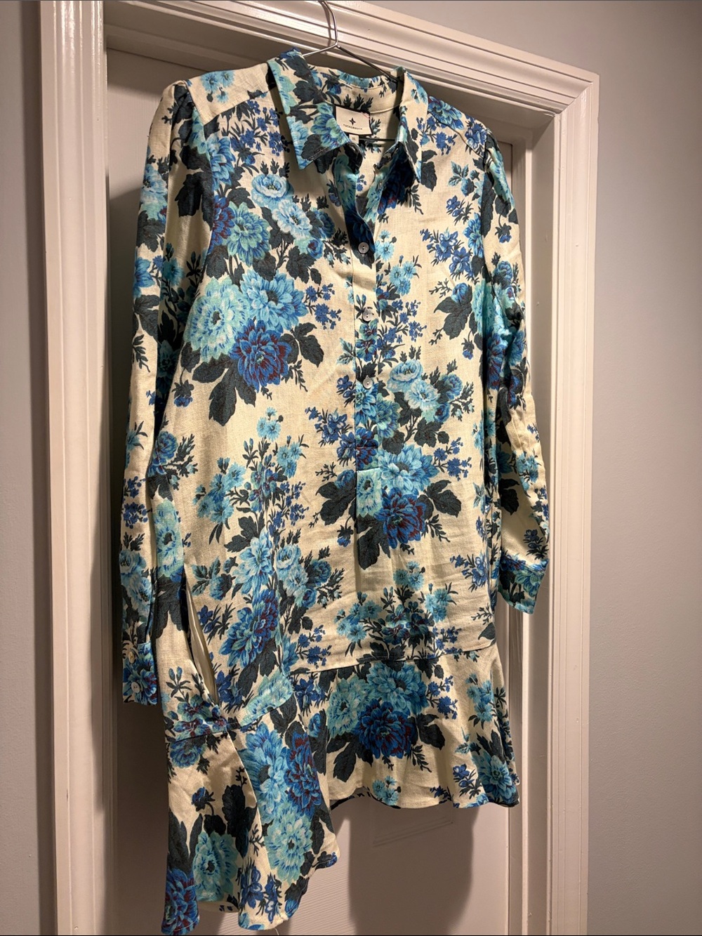 NEW Tuckernuck Cream Long-Sleeve Floral Tunic with Blue Flowers